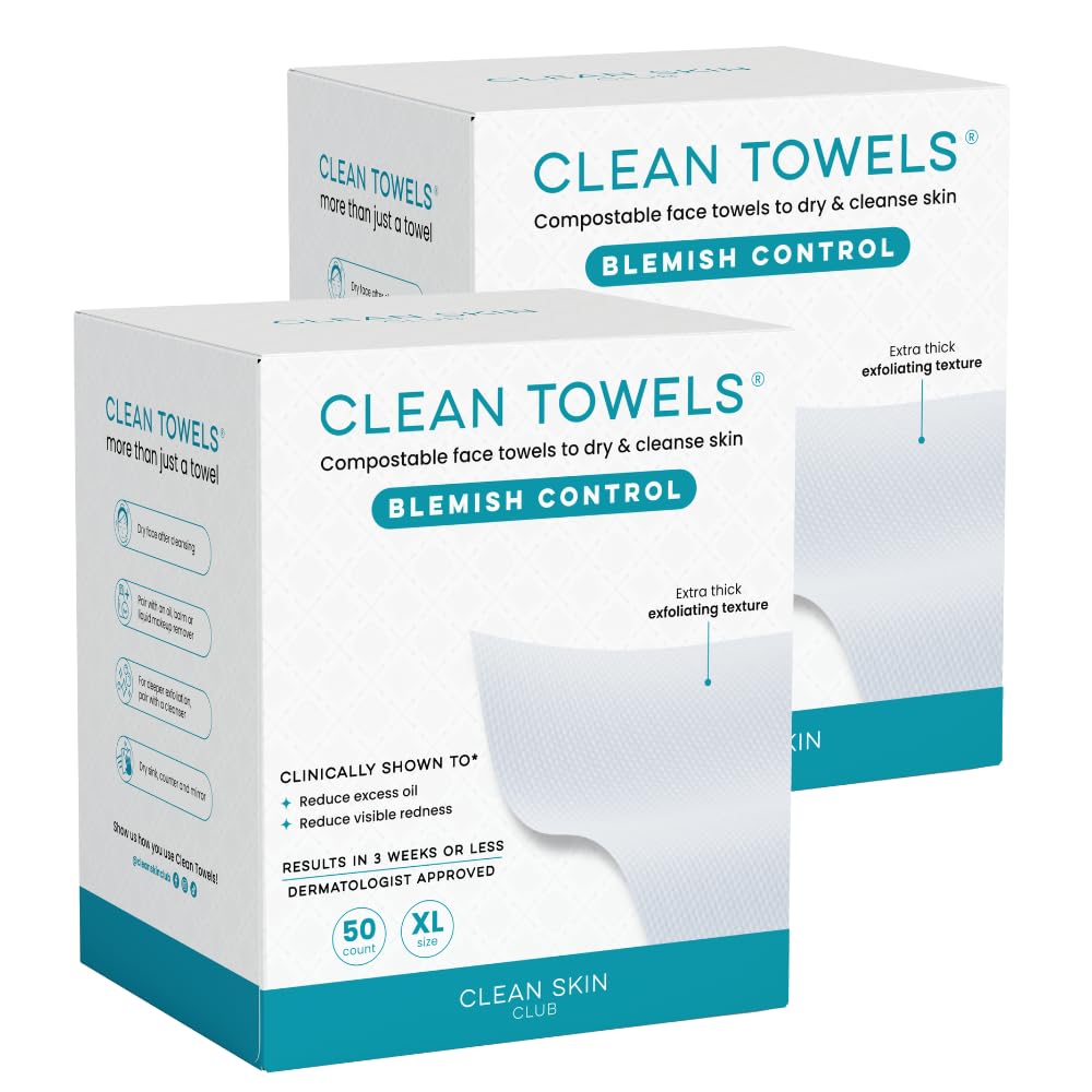 CLEAN SKIN CLUB Blemish Control Clean Towels® XL, Extra Exfoliation for Oily Skin, Disposable, Single-Use Face Towelette Dry Wipe - 1 Pack (50 Count)