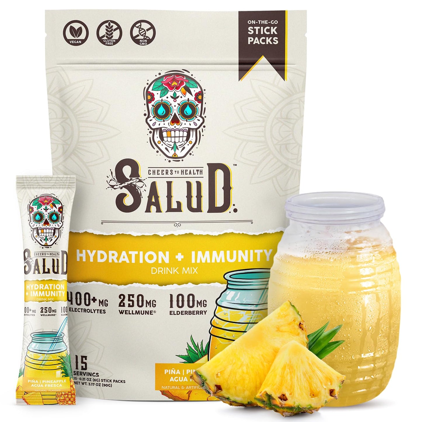 Salud 2-in-1 Hydration Packets + Immunity Electrolytes Powder, Horchata - Agua Fresca Drink Mix, Elderberry, Dairy & Soy Free, Non-GMO, Gluten Free, Vegan, Low Calorie, 1g Sugar (15 Servings)