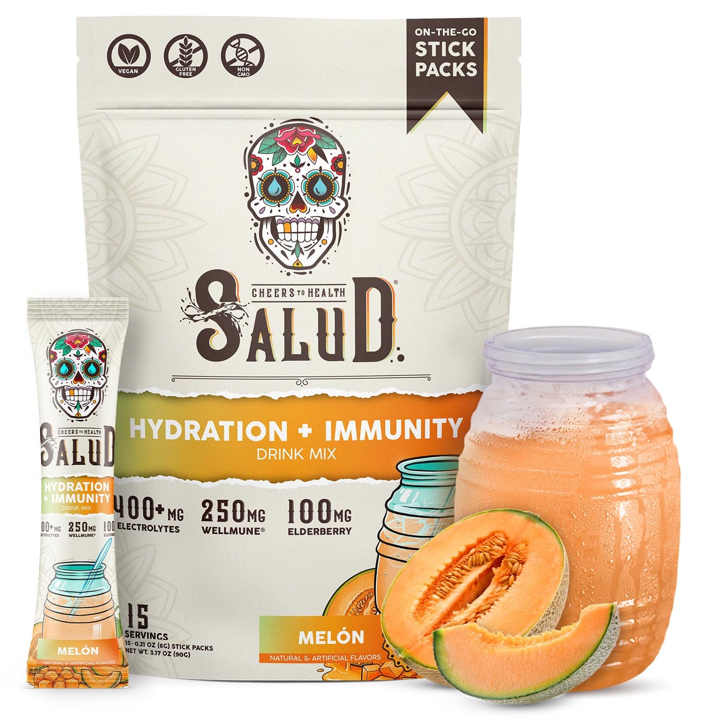 Salud 2-in-1 Hydration Packets + Immunity Electrolytes Powder, Horchata - Agua Fresca Drink Mix, Elderberry, Dairy & Soy Free, Non-GMO, Gluten Free, Vegan, Low Calorie, 1g Sugar (15 Servings)