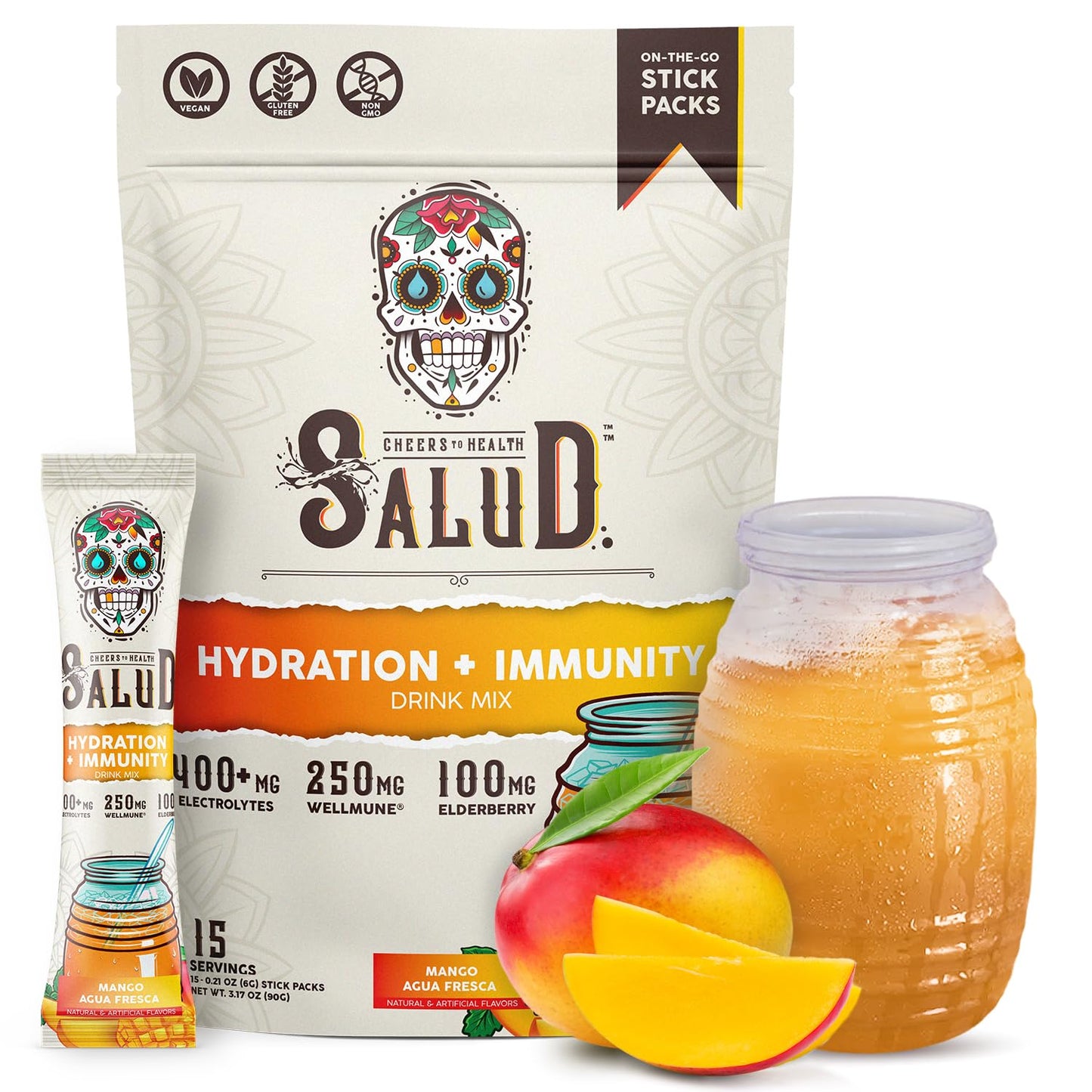 Salud 2-in-1 Hydration Packets + Immunity Electrolytes Powder, Horchata - Agua Fresca Drink Mix, Elderberry, Dairy & Soy Free, Non-GMO, Gluten Free, Vegan, Low Calorie, 1g Sugar (15 Servings)