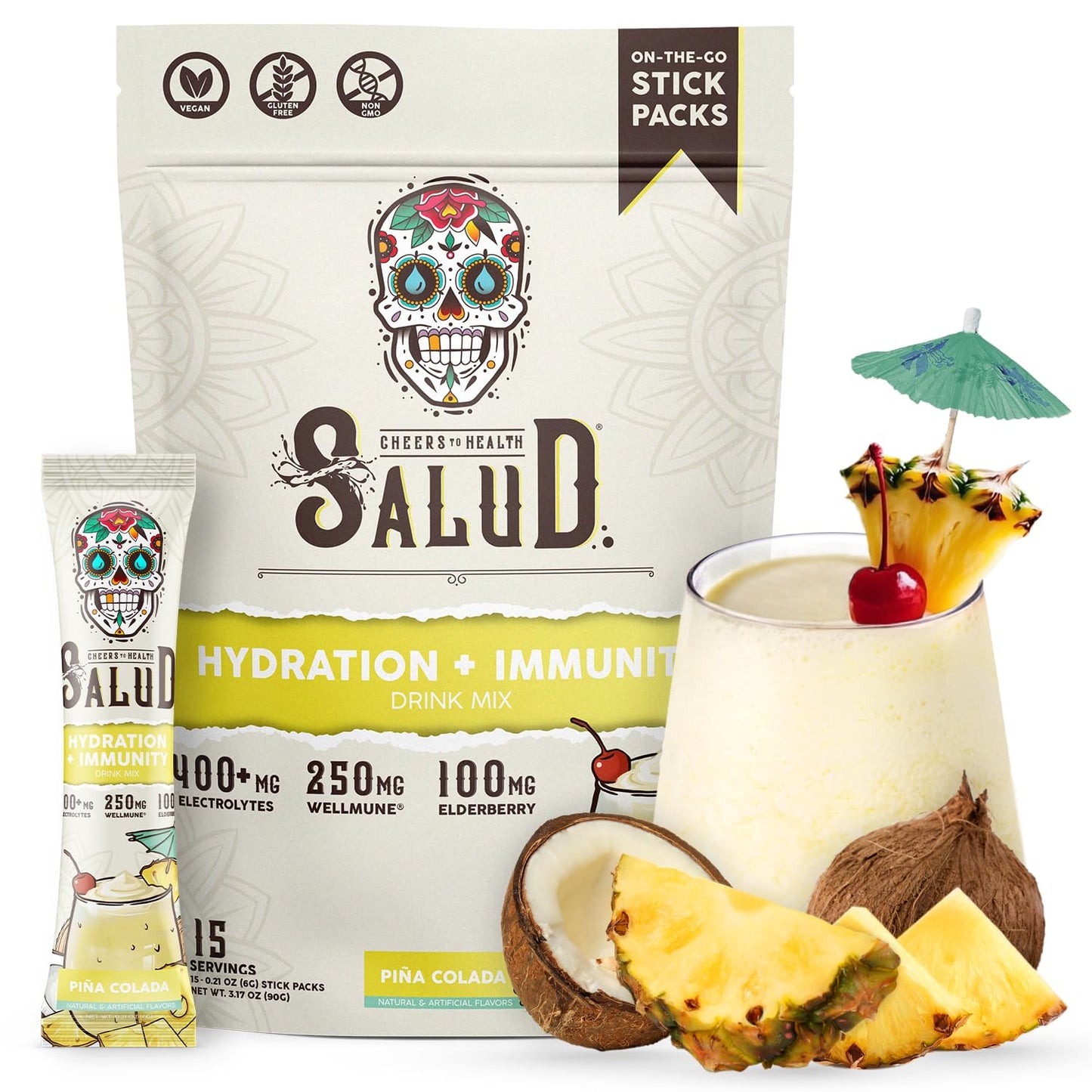 Salud 2-in-1 Hydration Packets + Immunity Electrolytes Powder, Horchata - Agua Fresca Drink Mix, Elderberry, Dairy & Soy Free, Non-GMO, Gluten Free, Vegan, Low Calorie, 1g Sugar (15 Servings)