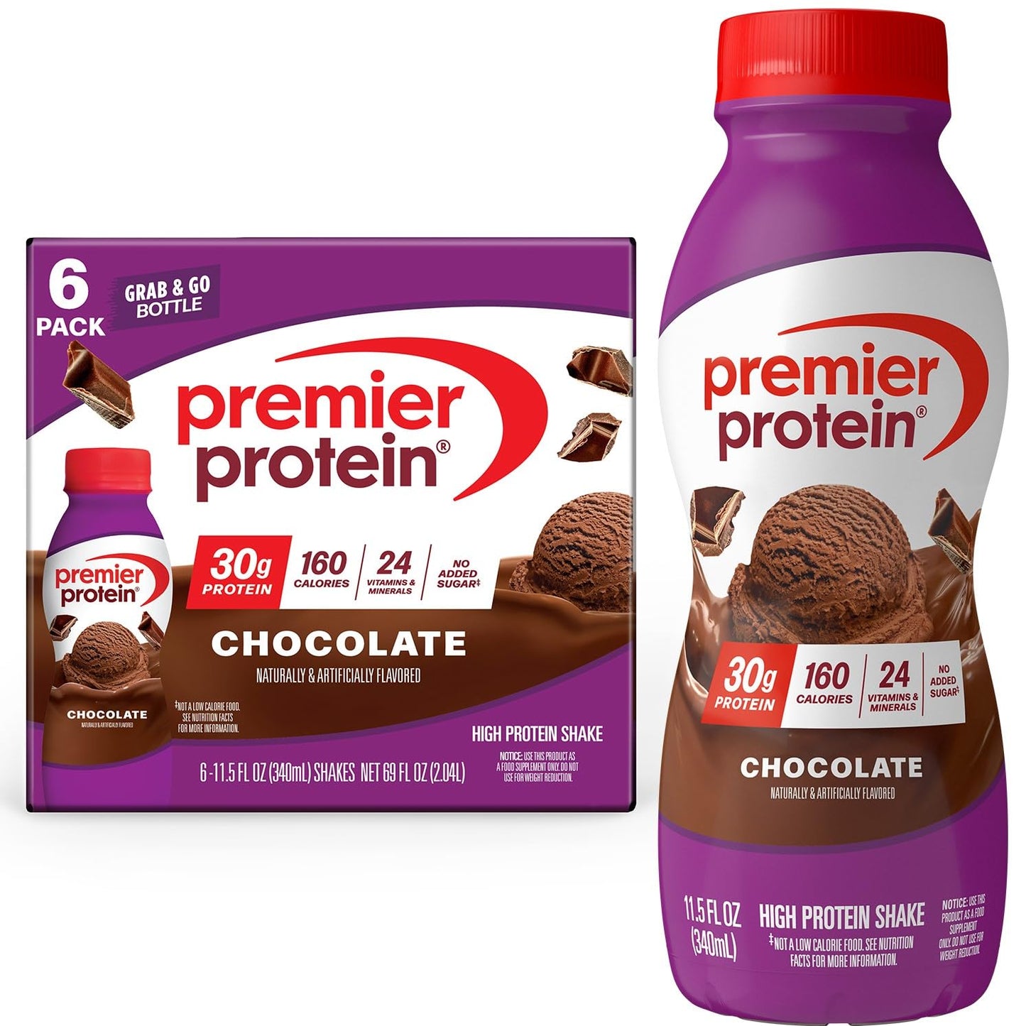 Premier Protein Shake, Chocolate, 30g Protein, No Added Sugar, 24 Vitamins & Minerals to Support Immune Health, Gluten-Free,11.5 fl oz (12 Pack)