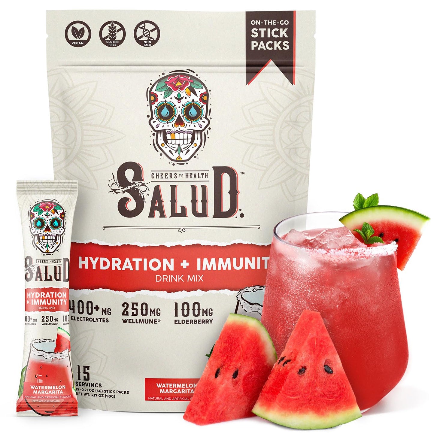 Salud 2-in-1 Hydration Packets + Immunity Electrolytes Powder, Horchata - Agua Fresca Drink Mix, Elderberry, Dairy & Soy Free, Non-GMO, Gluten Free, Vegan, Low Calorie, 1g Sugar (15 Servings)