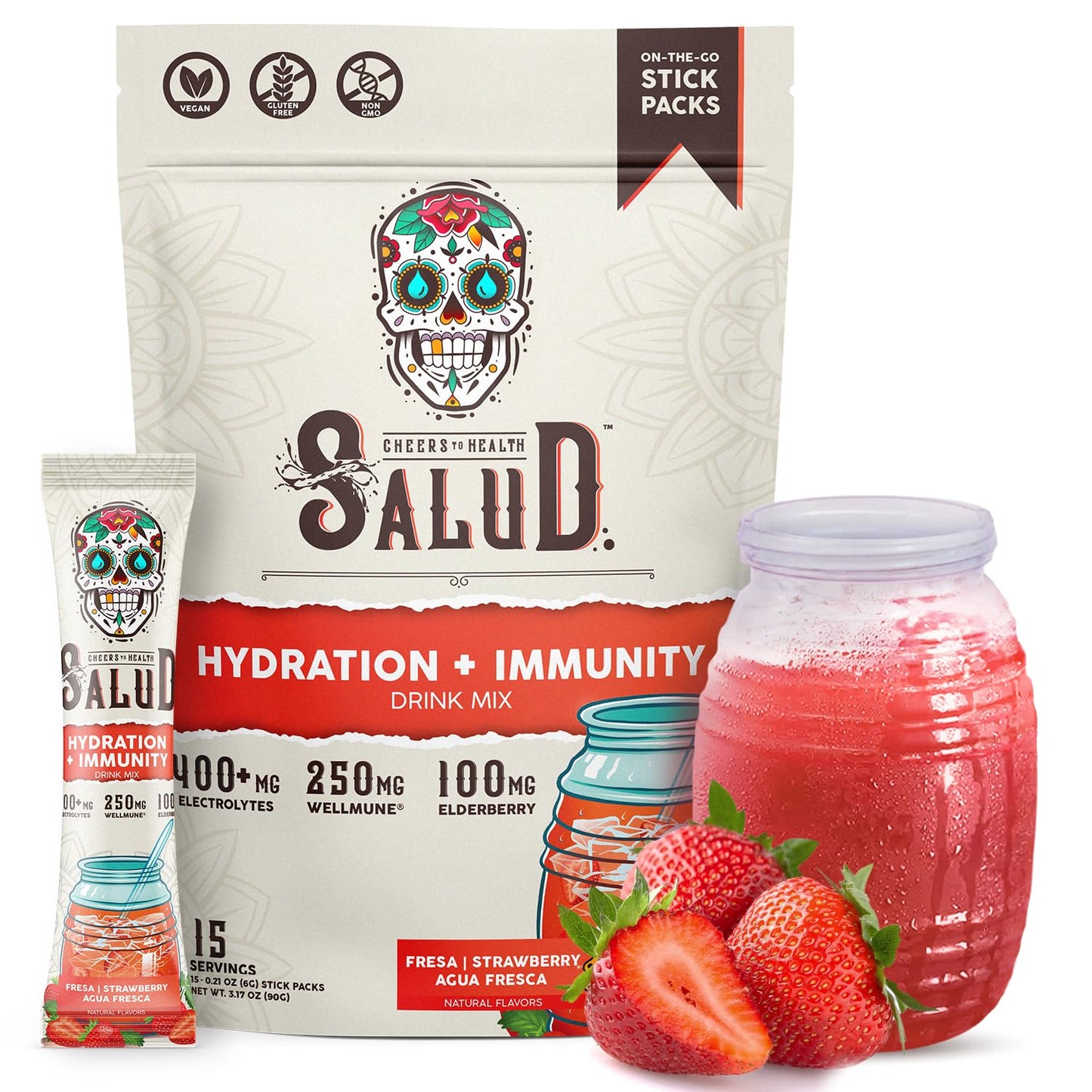 Salud 2-in-1 Hydration Packets + Immunity Electrolytes Powder, Horchata - Agua Fresca Drink Mix, Elderberry, Dairy & Soy Free, Non-GMO, Gluten Free, Vegan, Low Calorie, 1g Sugar (15 Servings)