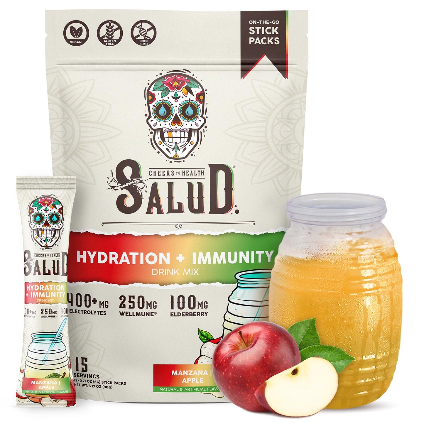 Salud 2-in-1 Hydration Packets + Immunity Electrolytes Powder, Horchata - Agua Fresca Drink Mix, Elderberry, Dairy & Soy Free, Non-GMO, Gluten Free, Vegan, Low Calorie, 1g Sugar (15 Servings)