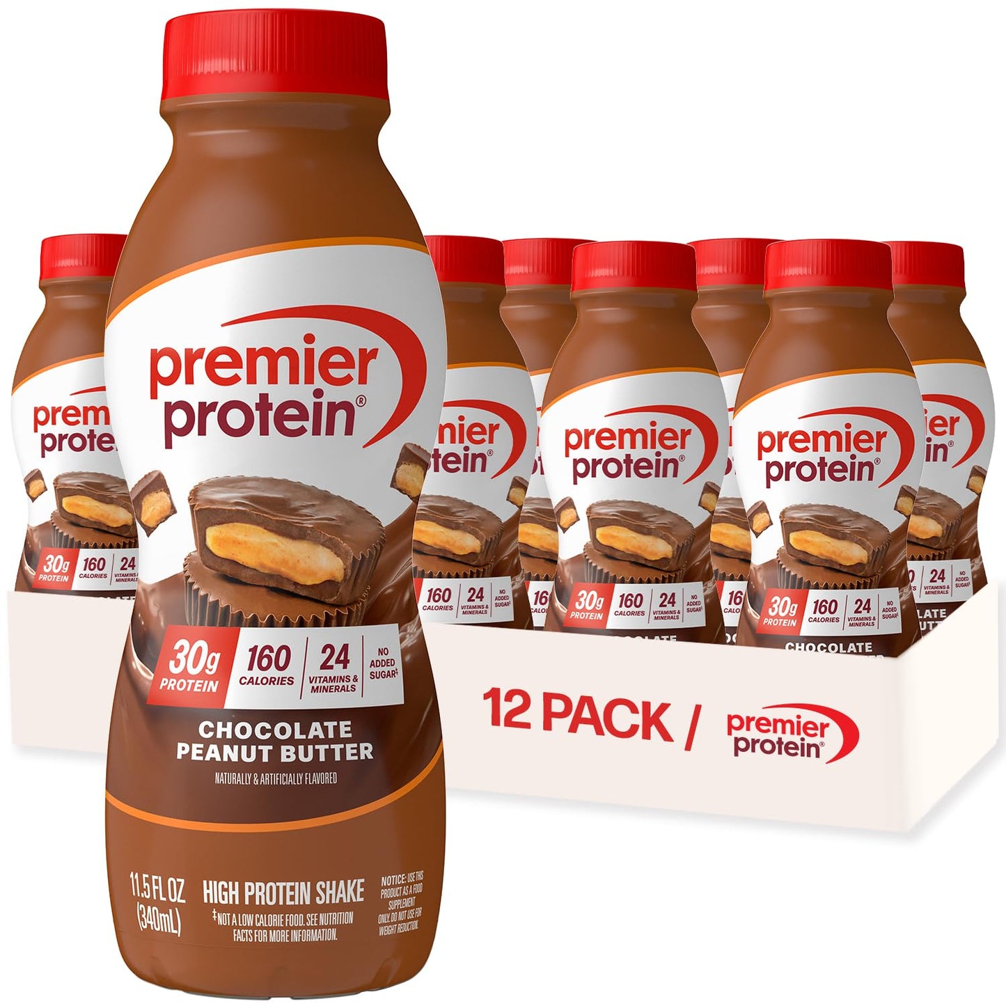 Premier Protein Shake, Chocolate, 30g Protein, No Added Sugar, 24 Vitamins & Minerals to Support Immune Health, Gluten-Free,11.5 fl oz (12 Pack)