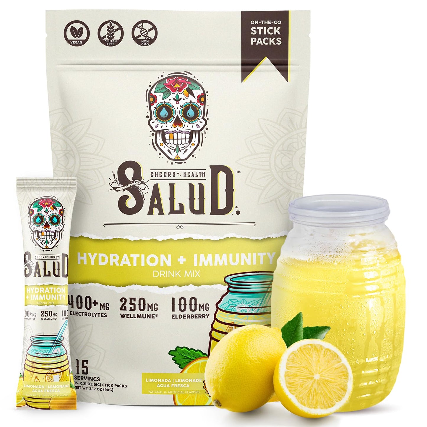 Salud 2-in-1 Hydration Packets + Immunity Electrolytes Powder, Horchata - Agua Fresca Drink Mix, Elderberry, Dairy & Soy Free, Non-GMO, Gluten Free, Vegan, Low Calorie, 1g Sugar (15 Servings)