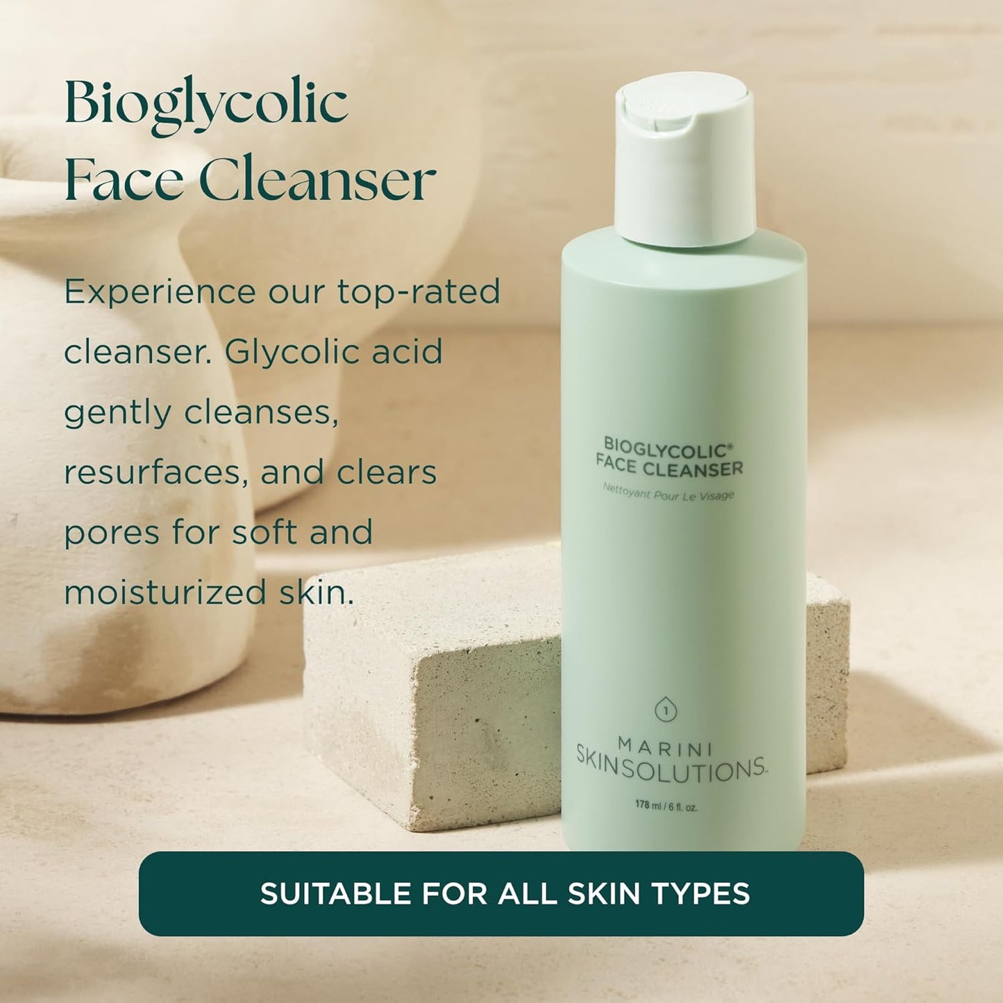 Marini SkinSolutions Bioglycolic Face Cleanser - Gentle Resurfacing Facial Wash with Glycolic Acid - Non Foaming, Non Irritating - Cruelty Free - Made in the USA - 6 fl oz