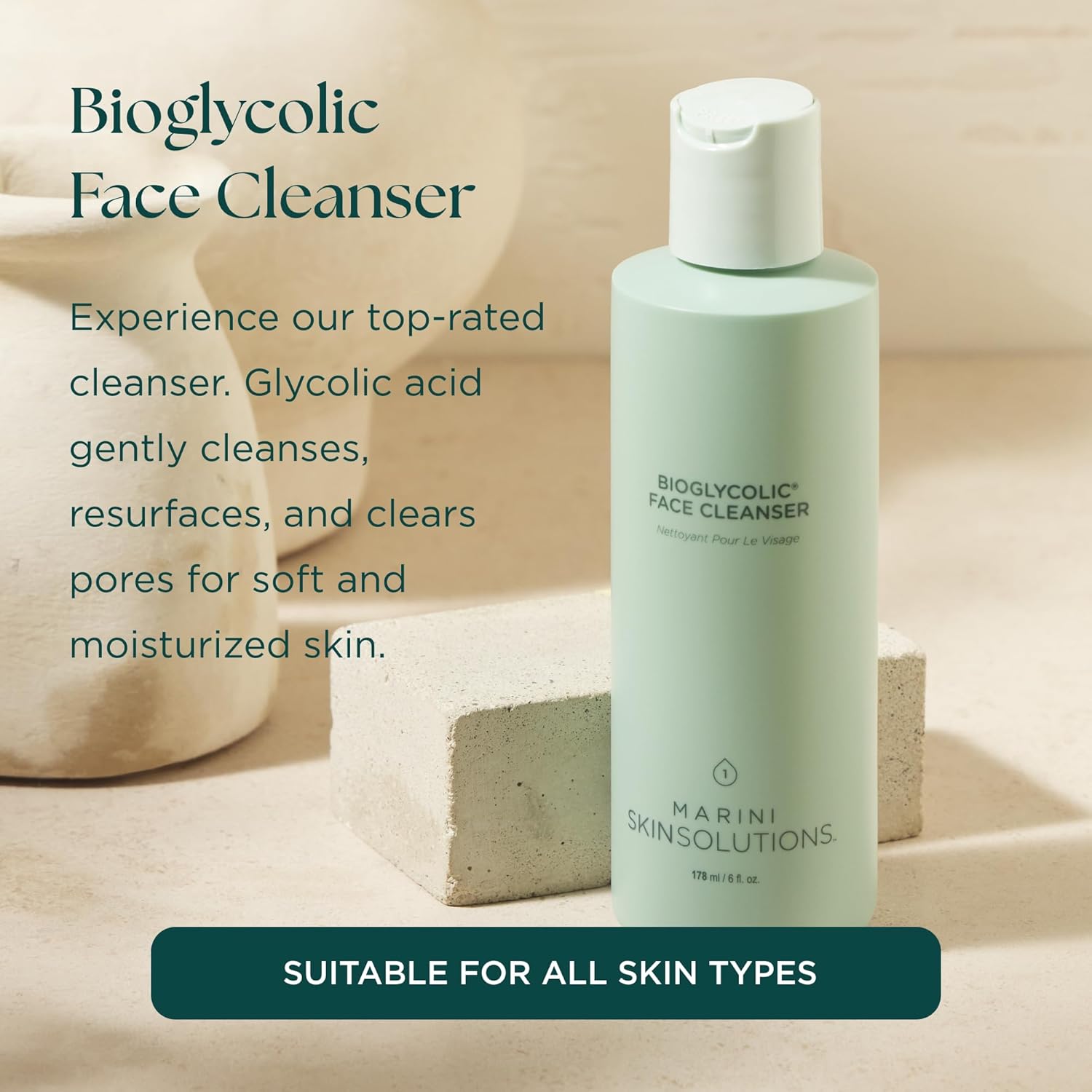 Marini SkinSolutions Bioglycolic Face Cleanser - Gentle Resurfacing Facial Wash with Glycolic Acid - Non Foaming, Non Irritating - Cruelty Free - Made in the USA - 6 fl oz