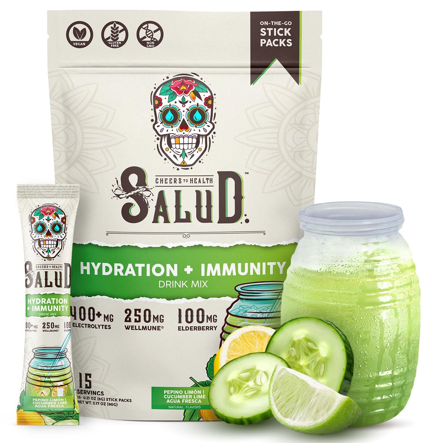 Salud 2-in-1 Hydration Packets + Immunity Electrolytes Powder, Horchata - Agua Fresca Drink Mix, Elderberry, Dairy & Soy Free, Non-GMO, Gluten Free, Vegan, Low Calorie, 1g Sugar (15 Servings)