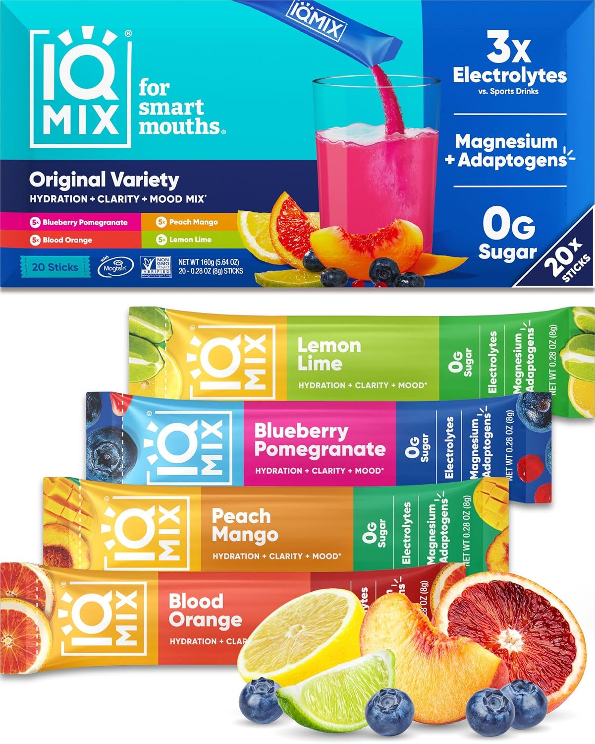 IQMIX Electrolyte Powder, Variety, 20-Count | Sugar-Free Hydration Mix | Hydration for Mind + Body | Magnesium L-Threonate, Lion's Mane, Adaptogens | Supports Clarity + Recovery | Clean Ingredients