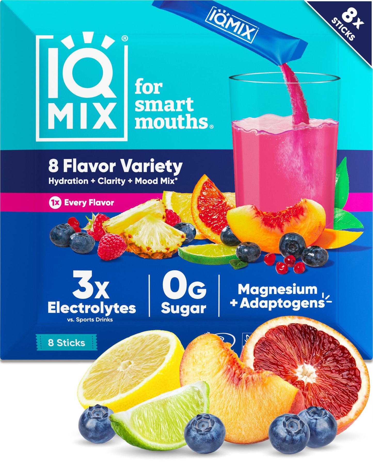 IQMIX Electrolyte Powder, Variety, 20-Count | Sugar-Free Hydration Mix | Hydration for Mind + Body | Magnesium L-Threonate, Lion's Mane, Adaptogens | Supports Clarity + Recovery | Clean Ingredients