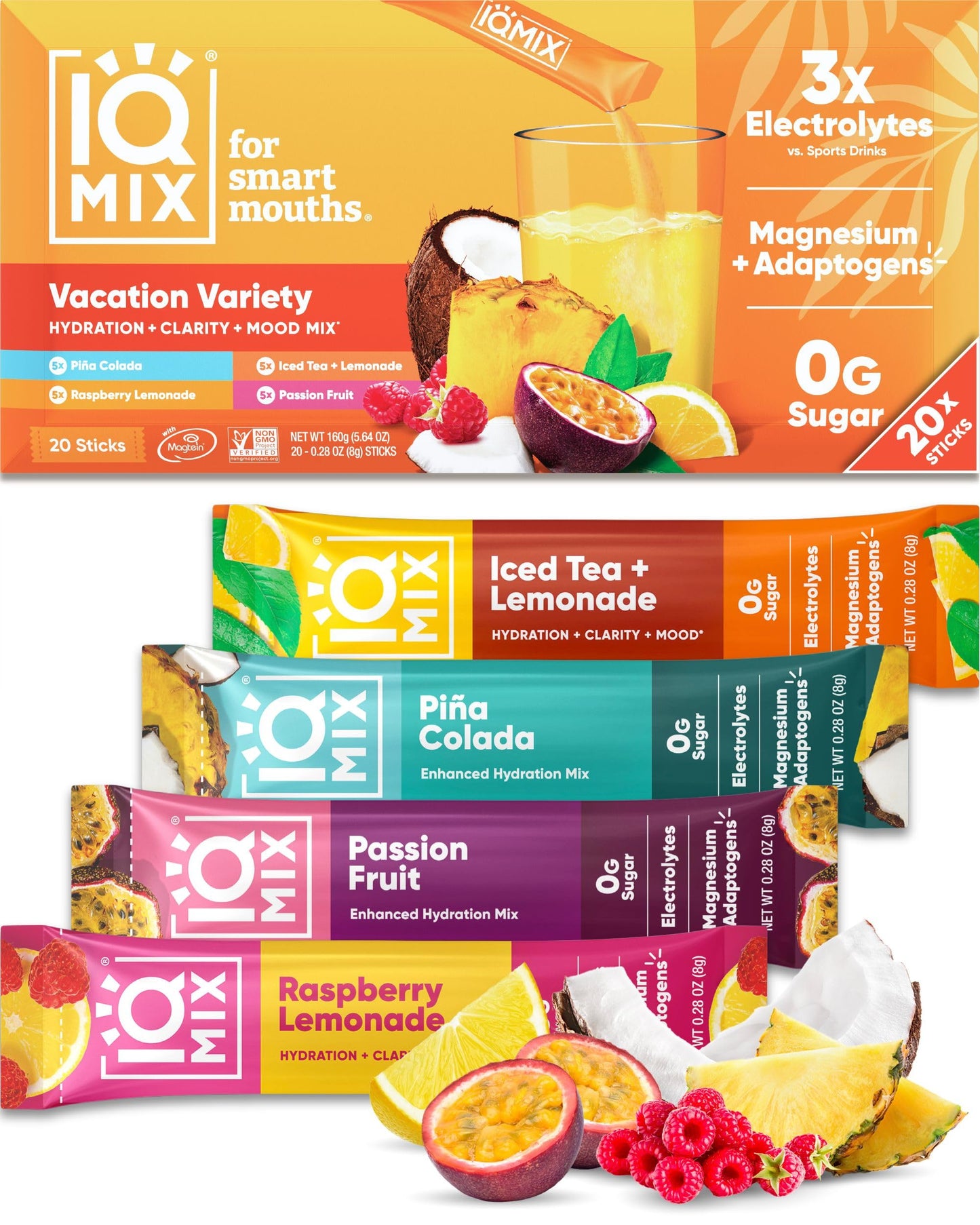 IQMIX Electrolyte Powder, Variety, 20-Count | Sugar-Free Hydration Mix | Hydration for Mind + Body | Magnesium L-Threonate, Lion's Mane, Adaptogens | Supports Clarity + Recovery | Clean Ingredients