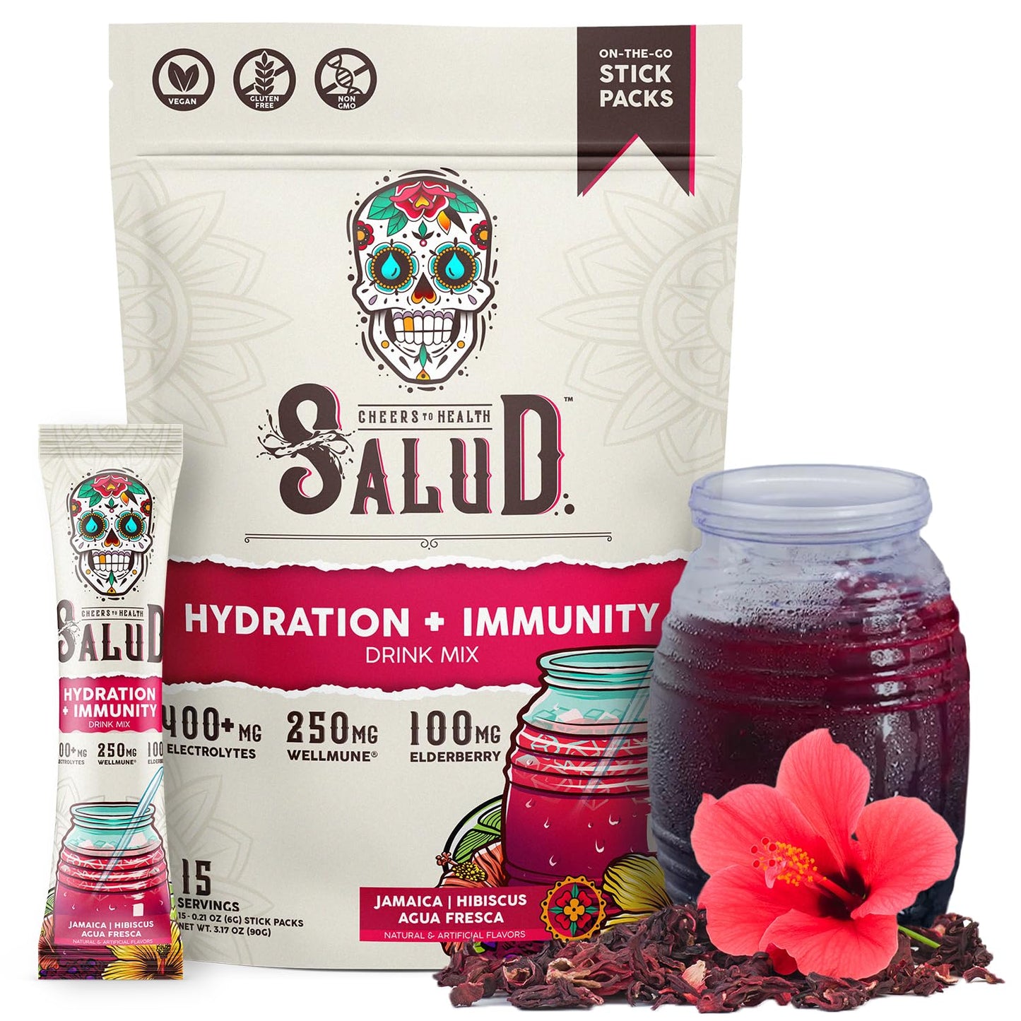 Salud 2-in-1 Hydration Packets + Immunity Electrolytes Powder, Horchata - Agua Fresca Drink Mix, Elderberry, Dairy & Soy Free, Non-GMO, Gluten Free, Vegan, Low Calorie, 1g Sugar (15 Servings)