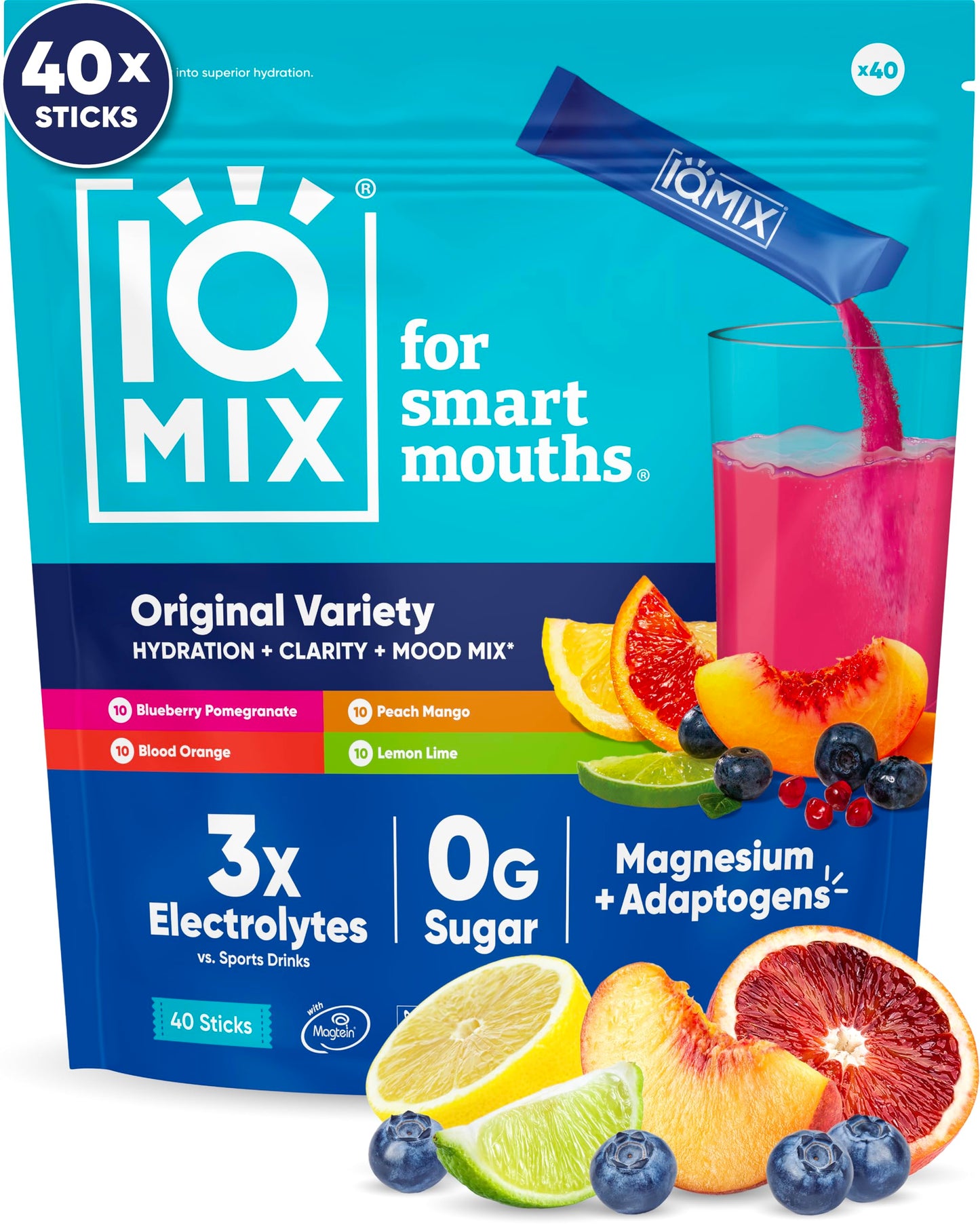IQMIX Electrolyte Powder, Variety, 20-Count | Sugar-Free Hydration Mix | Hydration for Mind + Body | Magnesium L-Threonate, Lion's Mane, Adaptogens | Supports Clarity + Recovery | Clean Ingredients