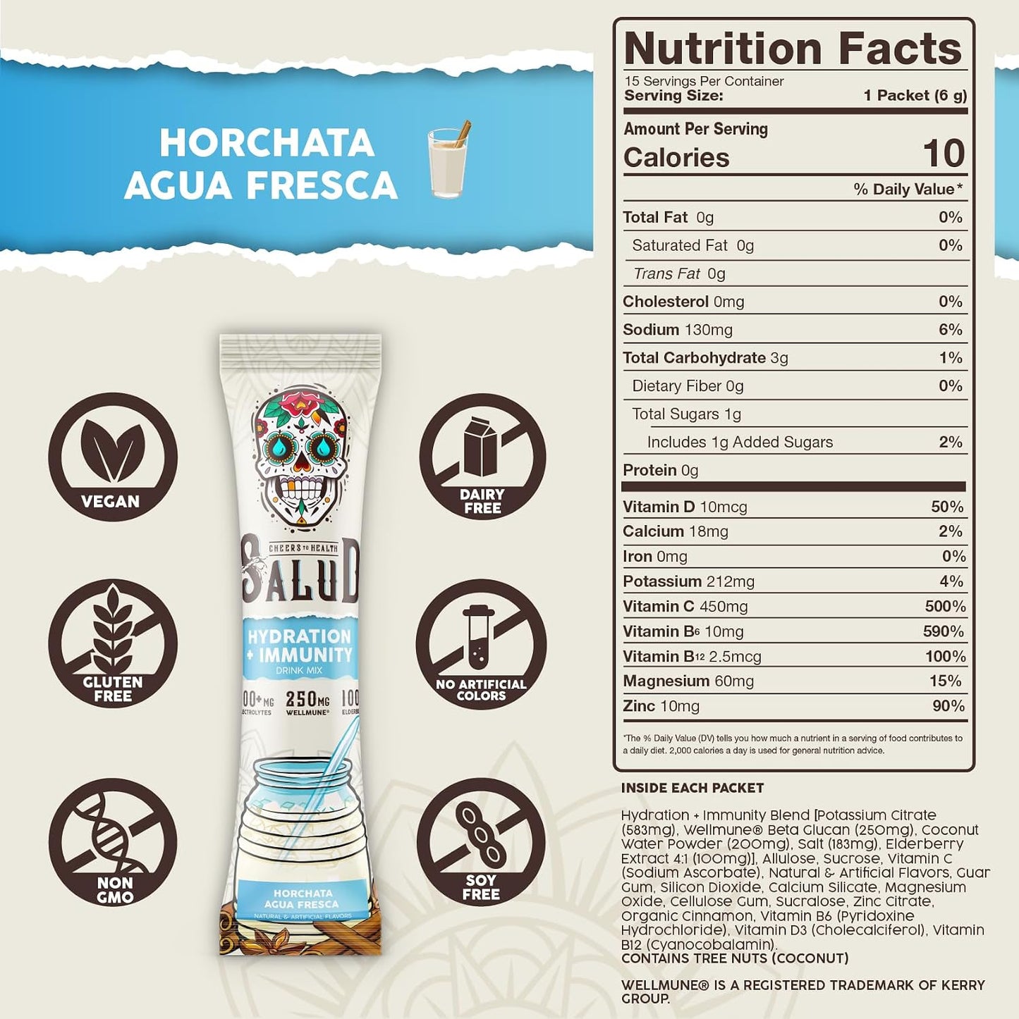 Salud 2-in-1 Hydration Packets + Immunity Electrolytes Powder, Horchata - Agua Fresca Drink Mix, Elderberry, Dairy & Soy Free, Non-GMO, Gluten Free, Vegan, Low Calorie, 1g Sugar (15 Servings)
