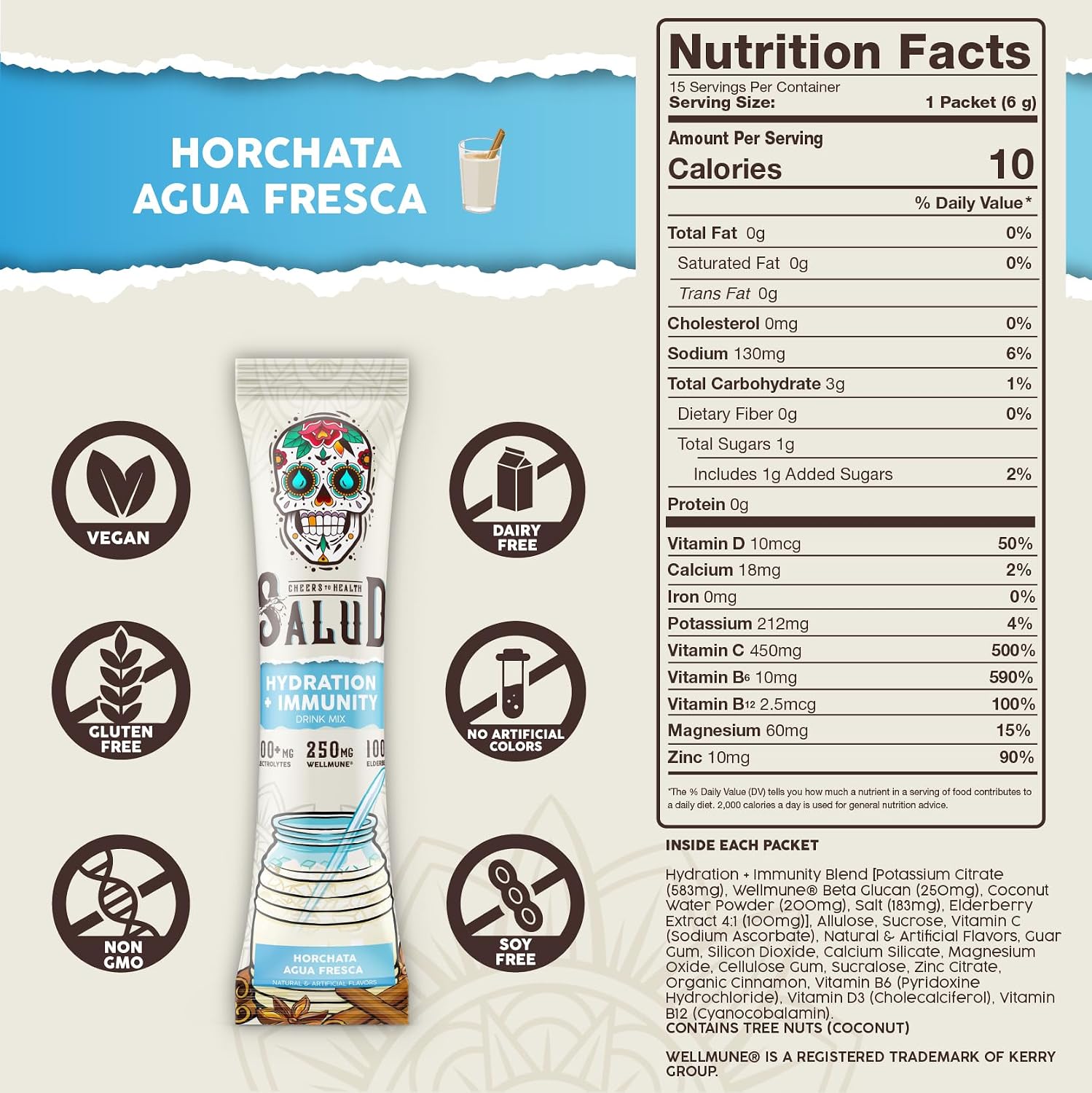Salud 2-in-1 Hydration Packets + Immunity Electrolytes Powder, Horchata - Agua Fresca Drink Mix, Elderberry, Dairy & Soy Free, Non-GMO, Gluten Free, Vegan, Low Calorie, 1g Sugar (15 Servings)